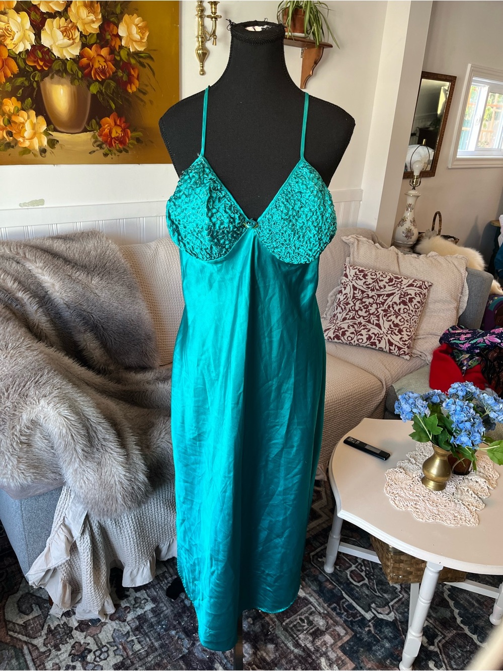 Womens Vintage Silky Teal Slip Dress Nightdress Nightgown Size M/L